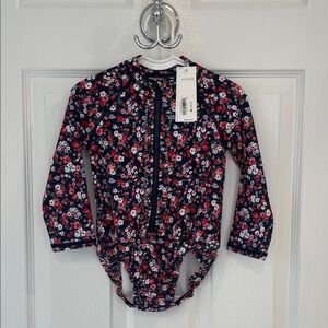 Janie and Jack Floral Kids Swim One Piece - Navy and Red